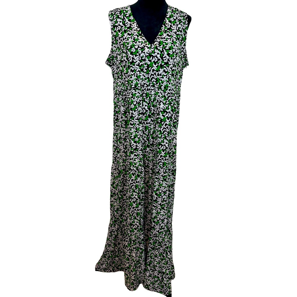 Michael Kors Sleeveless Green Floral Print Maxi Dress Sz XXL V-Neck Grommets